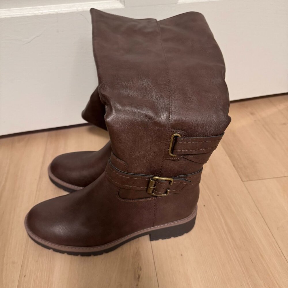 New Sun + Stone Blakely Brown Riding Boots Size 6.5M Buckle Detail Tall Boots